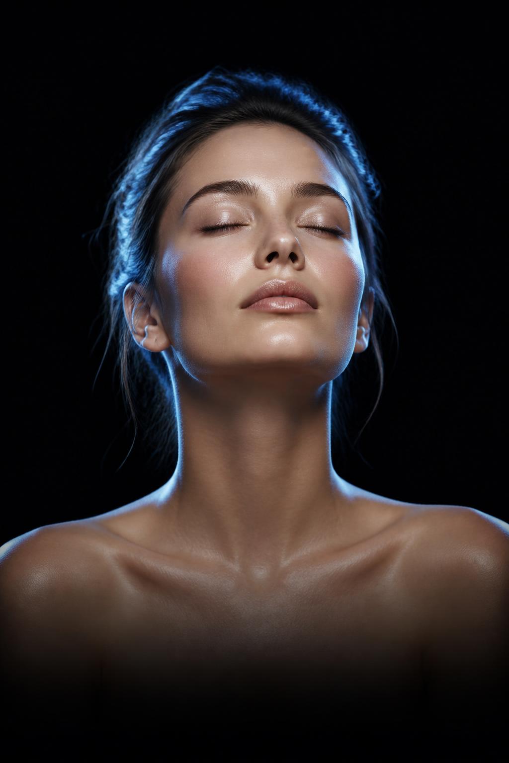 Luminous skin in soft ice-blue light